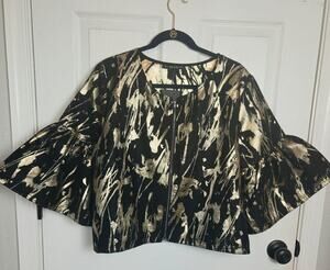 Bryn Walker Frida Jacket L Gold Metallic Zip Crop Bell Sleeve Party Evening